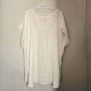 White V-Neck Crochet Swim Coverup with Dolman‎ Sleeves